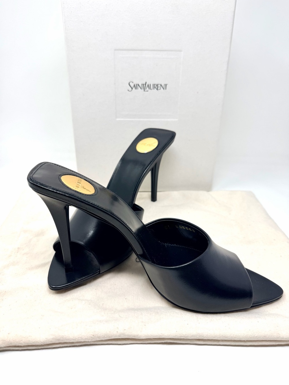 Saint Laurent Black Leather Open-Toe Mules with Gold Logo Medallion - Picture 3 of 9